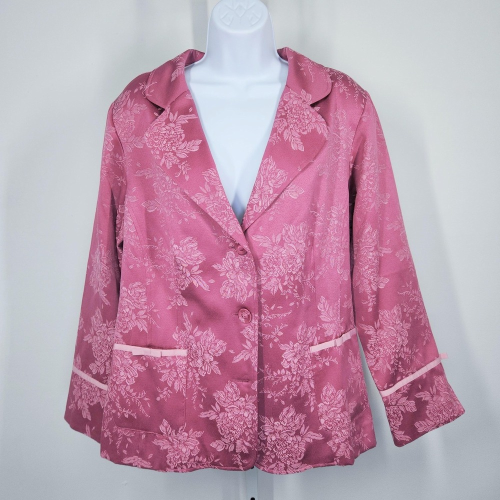 Susan Graver Style Blazer Womens 1X Pink Floral Jacquard Dressy Jacket Plus NEW